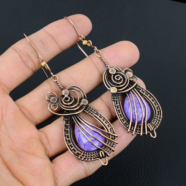 Charoite Earrings Copper Wire Wrapped Earrings Charoite Gemstone Earrings Copper Jewelry Handmade Jewelry Dangle Earrings Charoite Jewelry