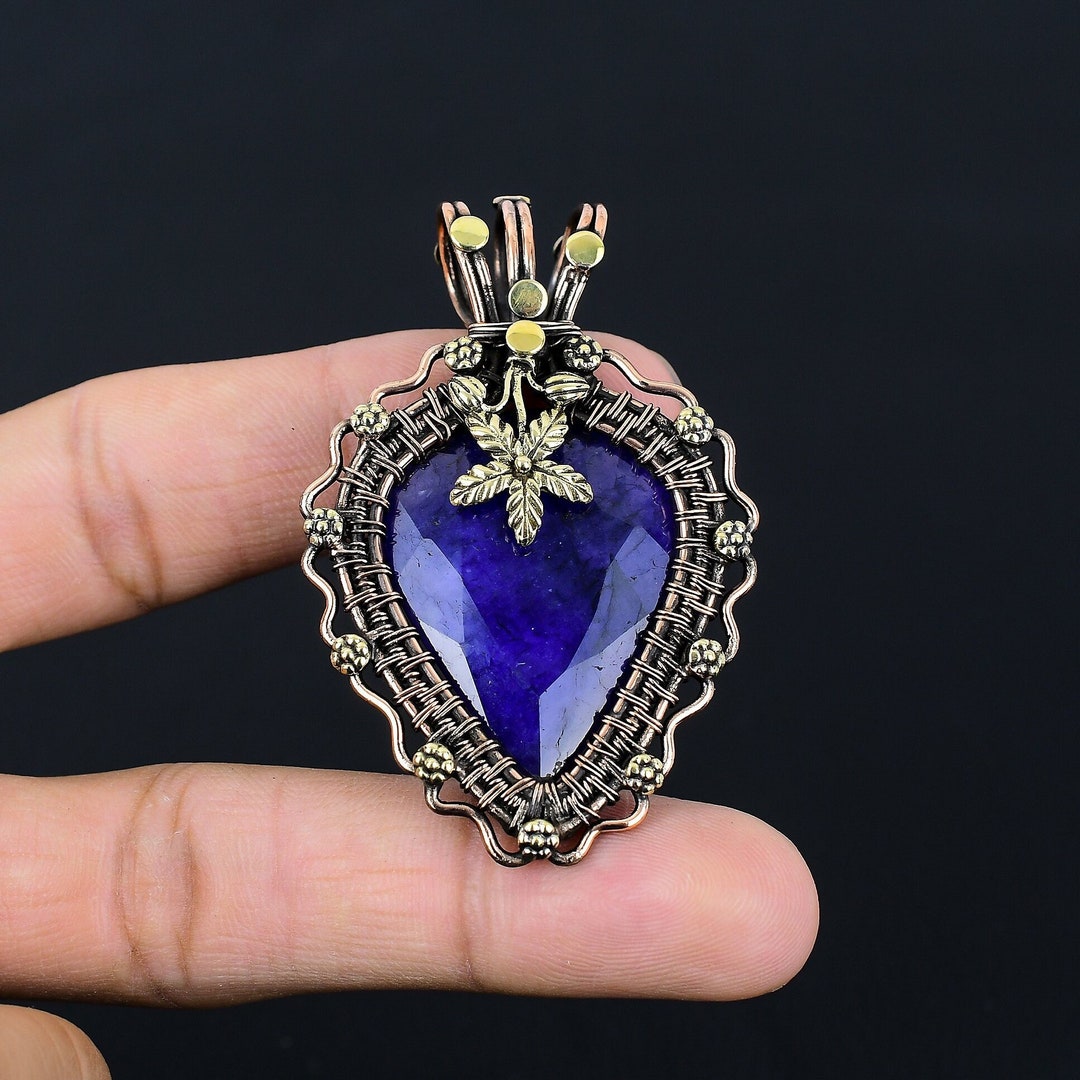 Blue Sapphire Pendant Copper Wire Wrapped Pendant Sapphire Gemstone