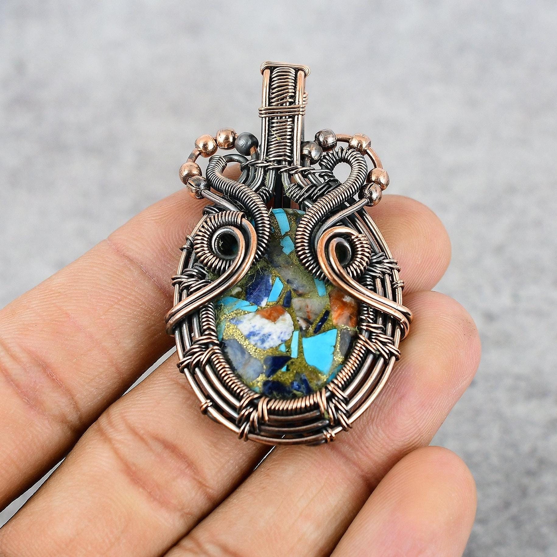 Ciondolo Artigianale In Rame Con Turchese E Ostrica Spinosa, Wire Wrap, Forma A Pera, 2,32