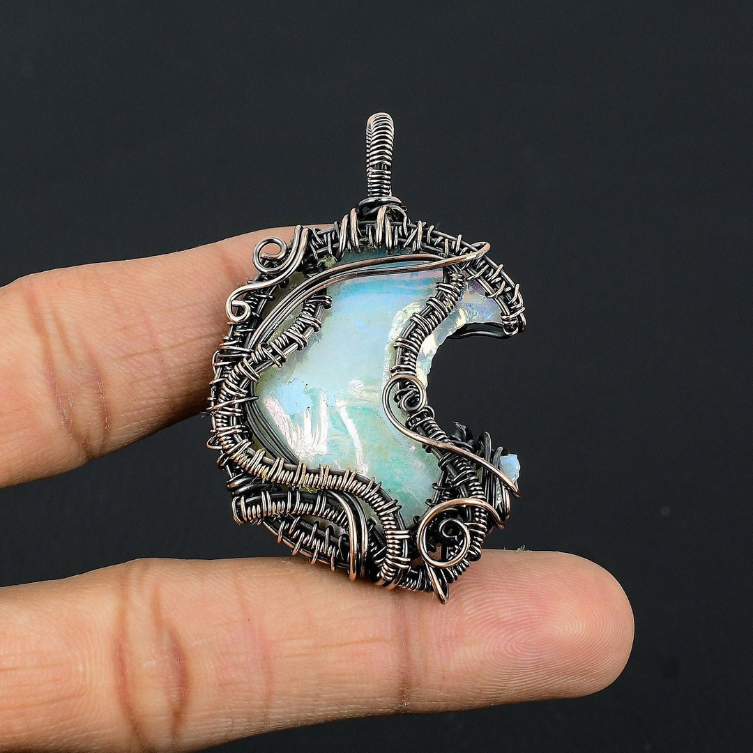 Aura Shell Crescent Moon Shape Pendant, Copper Wire Wrapped Pendant ...