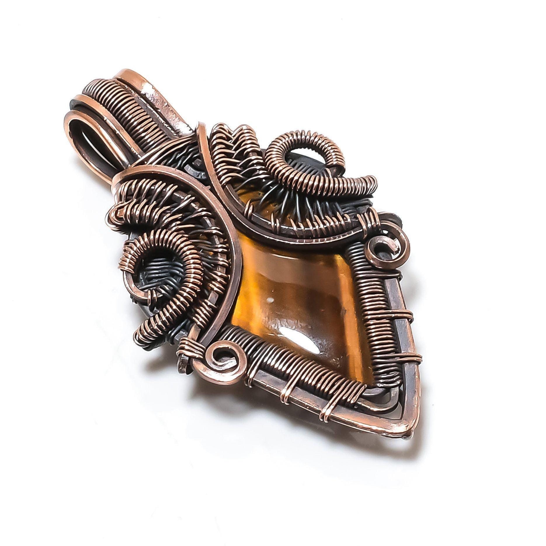 Tiger Eye Healing Crystal Pendant, Copper Wire Wrapped Pendant, Natural Tiger Eye Gemstone Oxidized Copper Handmade Jewelry Gift for Her/Him