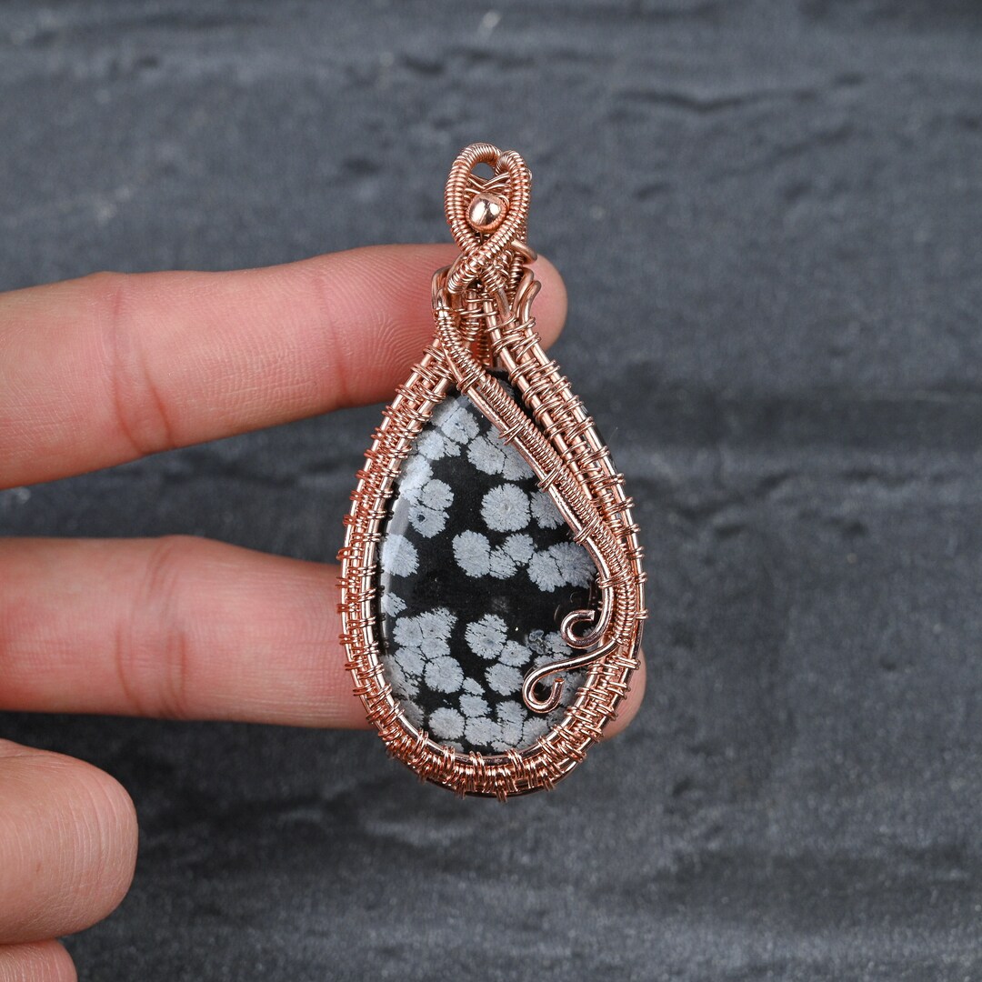 Snowflake Obsidian Pendant Copper Wire Wrapped Pendant Gemstone Pendant