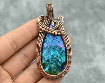 Peacock Aura Druzy Gemstone Pendant Copper Wire Wrapped Rainbow Druzy Pendant Handmade Pendant Gift For Her Peacock Druzy Pendant