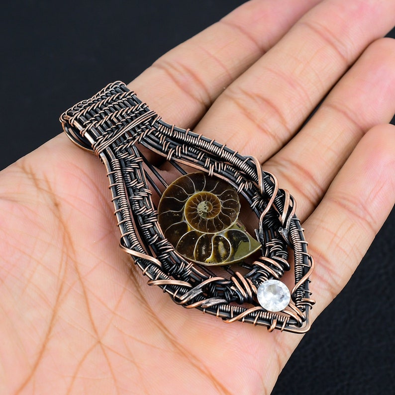 Ammonite Fossil Pendant, Natural Fossil With CZ Copper Wire Wrapped