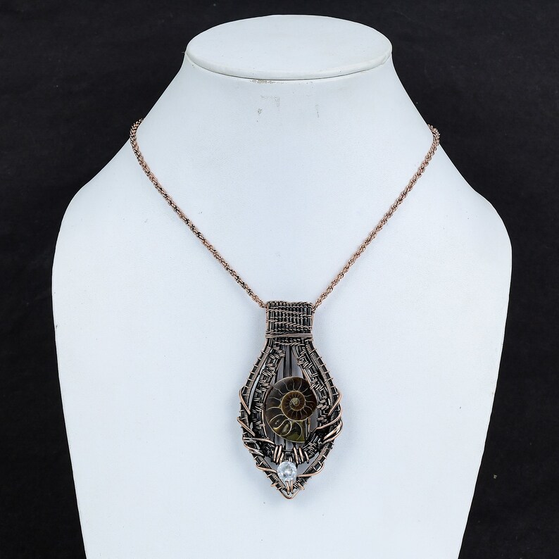 Ammonite Fossil Pendant, Natural Fossil With CZ Copper Wire Wrapped