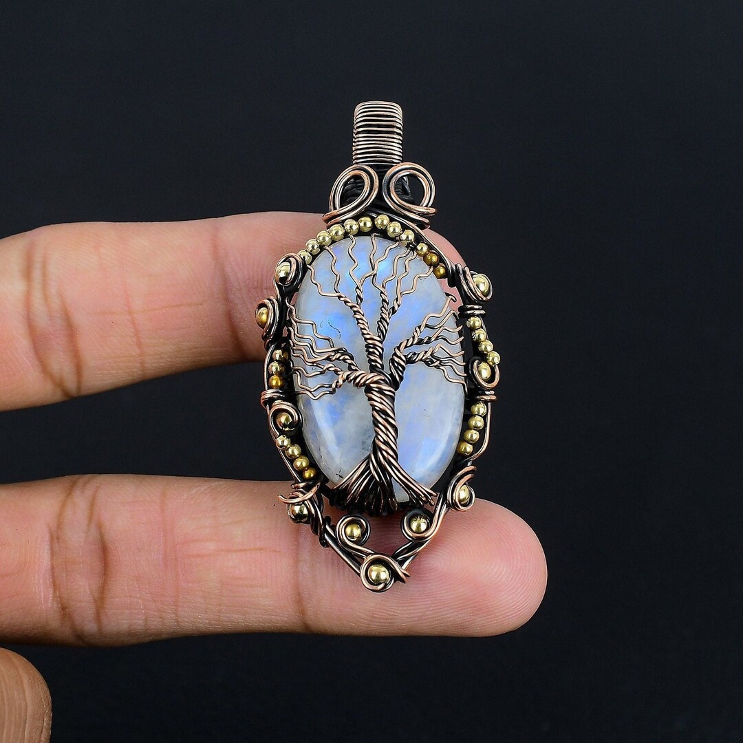 Flashy Moonstone Tree of Life Pendant Pure Copper Wire Wrapped