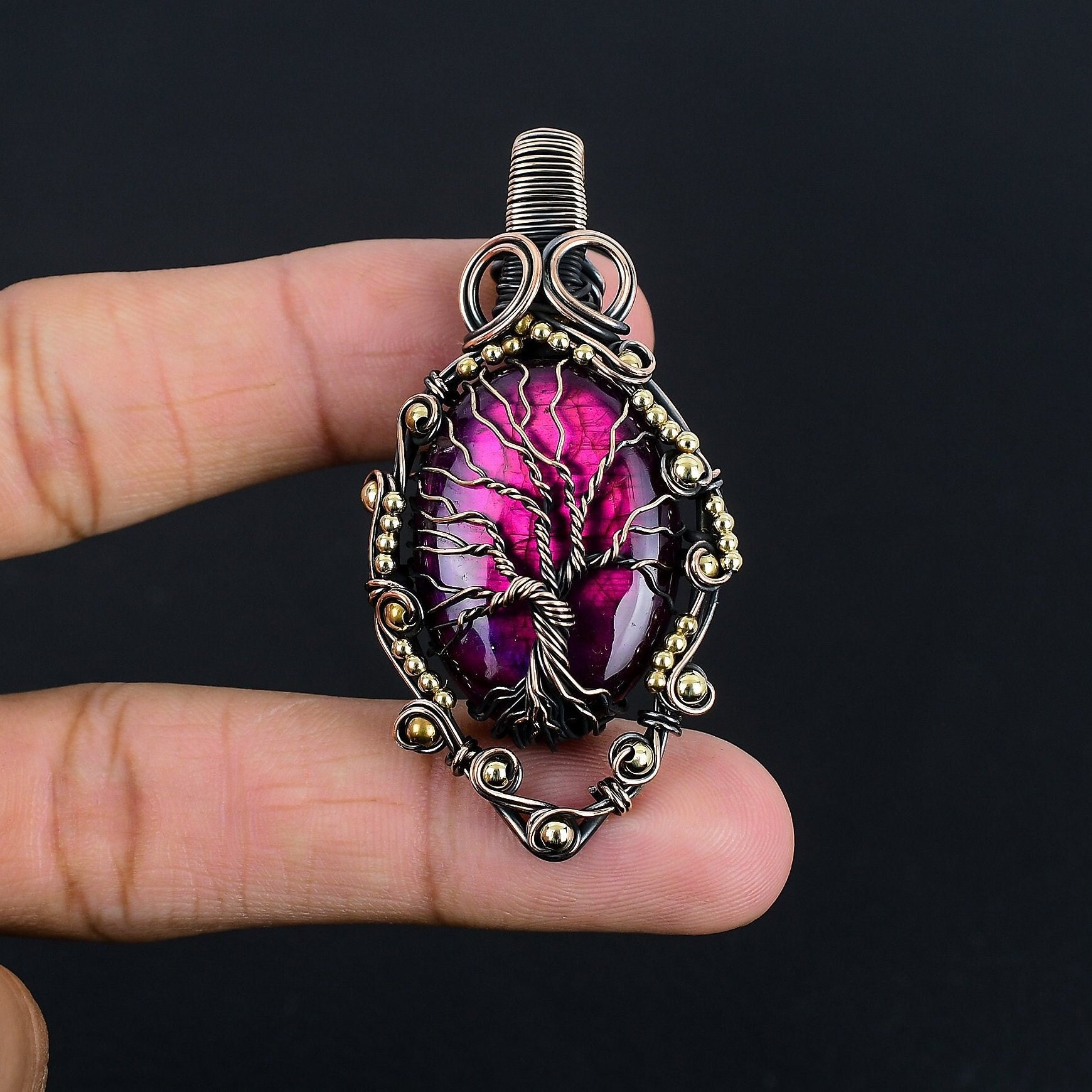 Lila Labradorit Baum des Lebens Anhänger, Rosa Blitz Labradorit Halskette Reiner Kupferdraht Wrap Handgemachter Schmuck Jahrestag & Geburtstagsgeschenk