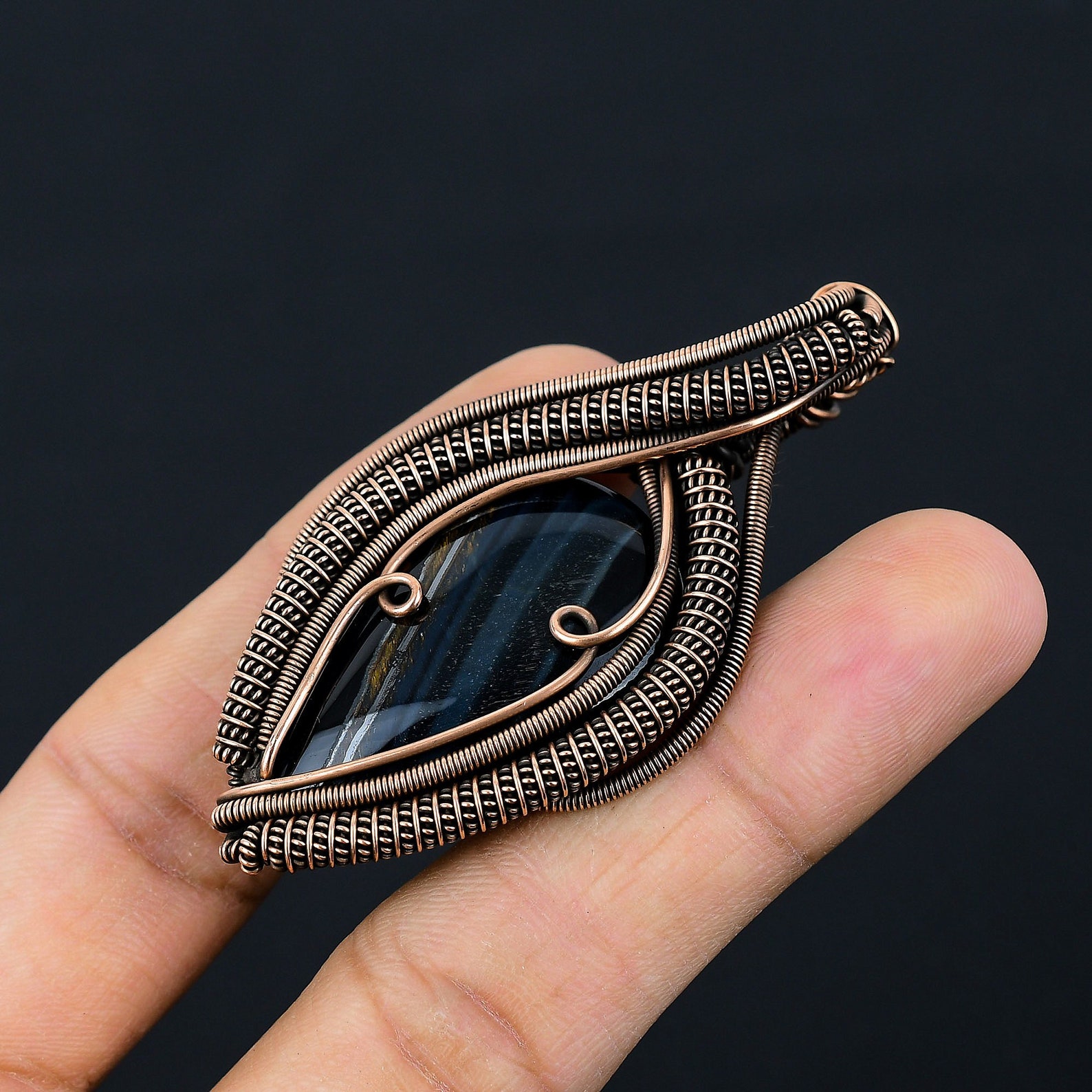 Blue Tiger Eye Pendant, Copper Wire Wrap Pendant Tiger Eye