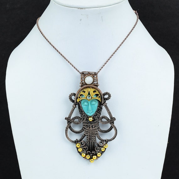 Sea Green Carved Bone Lady Face Pendant, Copper Wire Wrapped