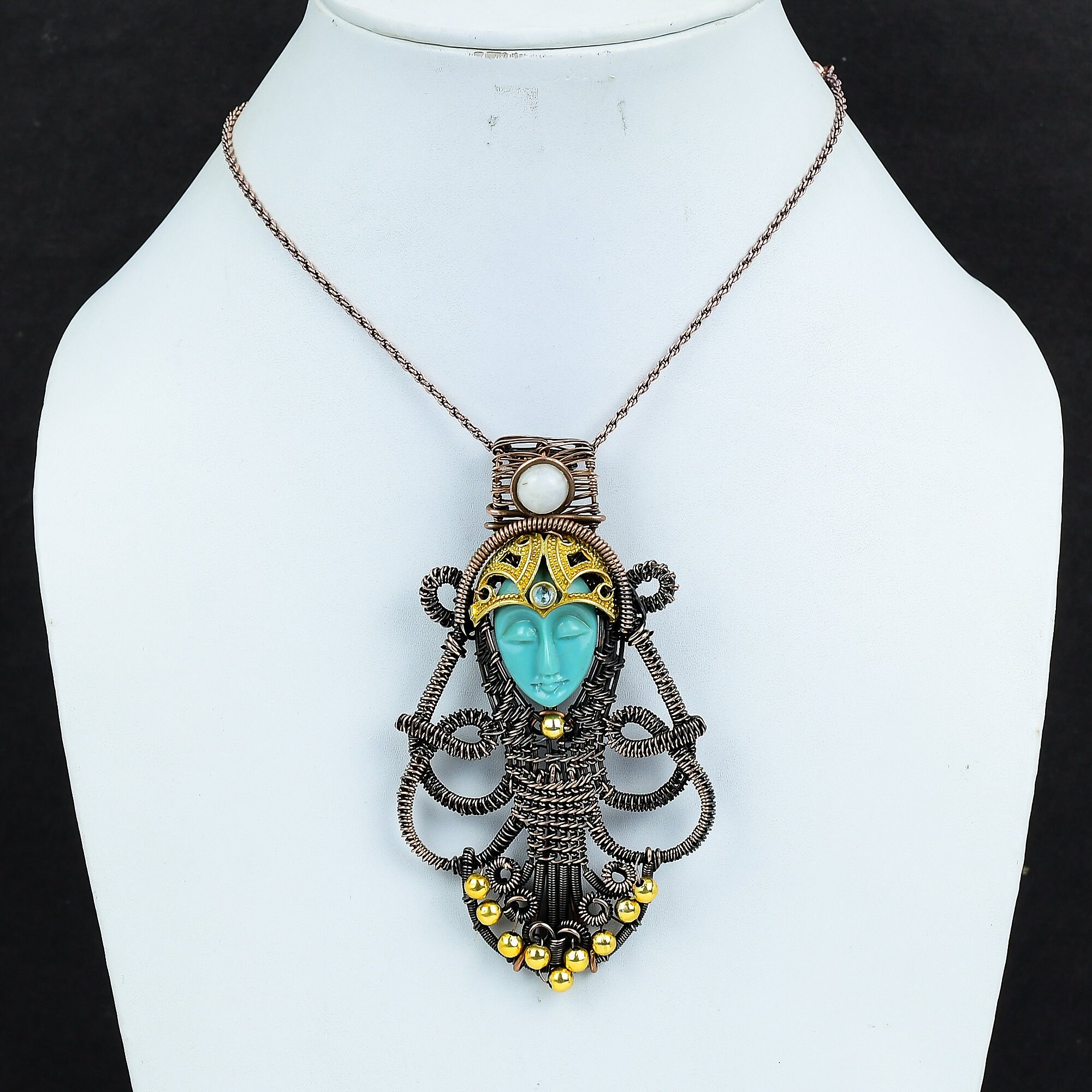 ネックレス・ペンダント 14kgfMotherOfPearl CarvingNecklace Sea Green Carved Bone Lady Face Pendant, Copper Wire Wrapped