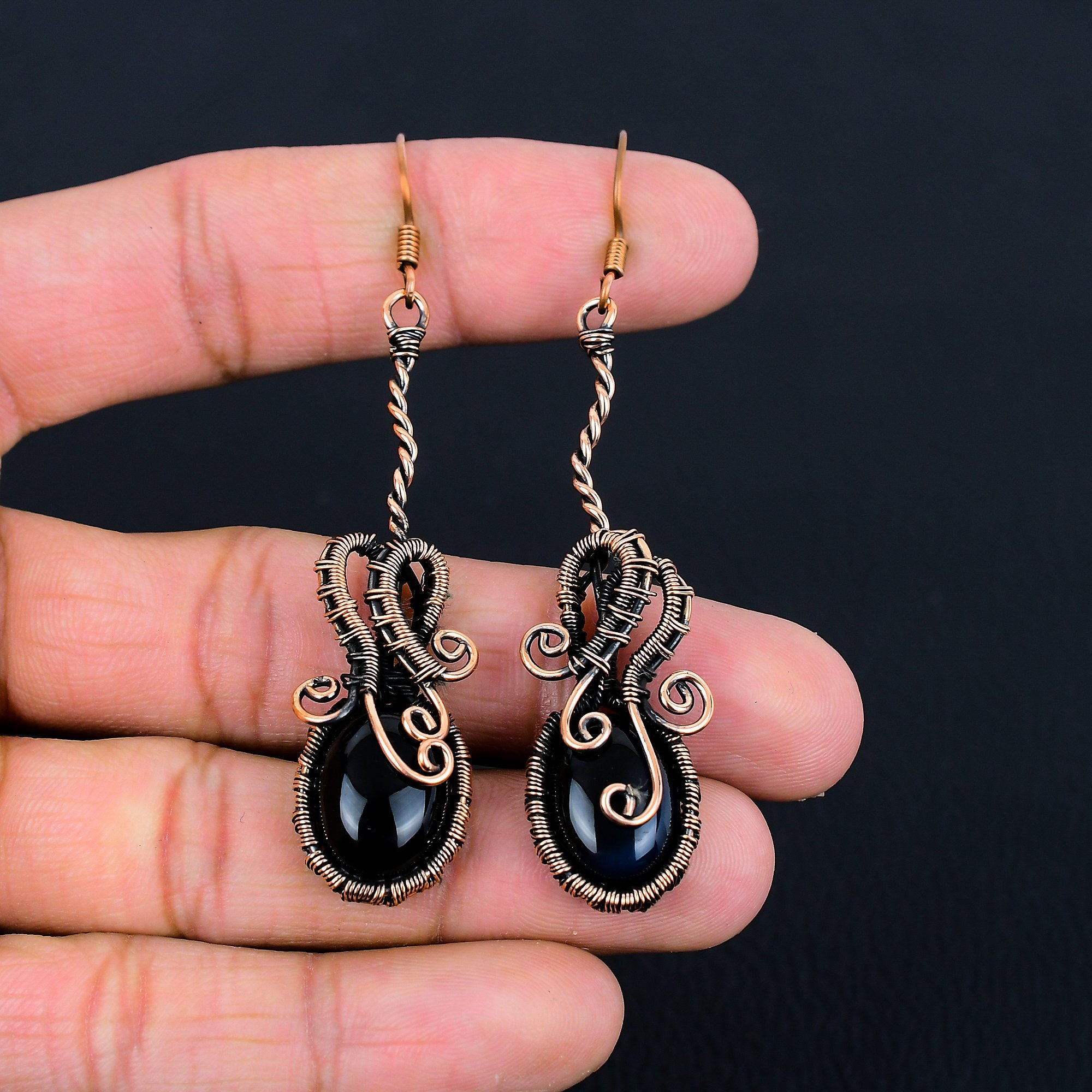 Black Onyx Earrings Copper Wire Wrapped Earrings Black Onyx Gemstone Earrings Copper Jewelry Dangle Earrings for Sister Black Onyx Jewelry