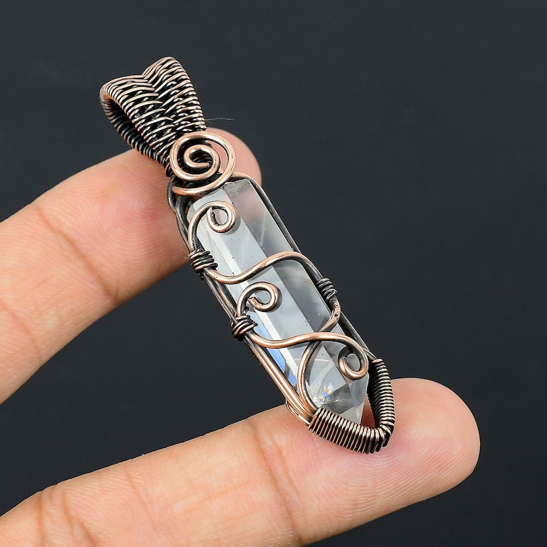 Clear Quartz Healing Crystal Pendant Copper Wire Wrapped Pendant Clear