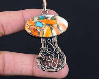 Spiny Oyster Copper Turquoise Pendant, Pure Copper Wire Wrapped Pendant,  Handmade Pendant, Natural Stone Jewelry Birthday Gifts for Her/Him