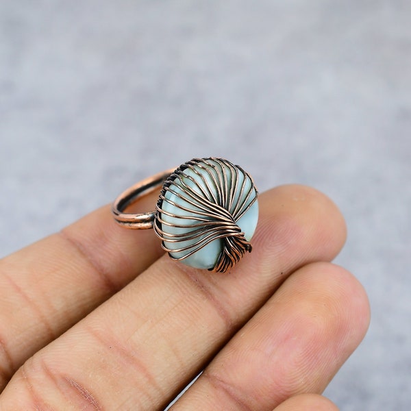 Tree Of Life Larimar Ring Copper Wire Wrapped Ring Copper Ring Larimar Gemstone Ring Handmade Larimar Rings For Women All Size Available