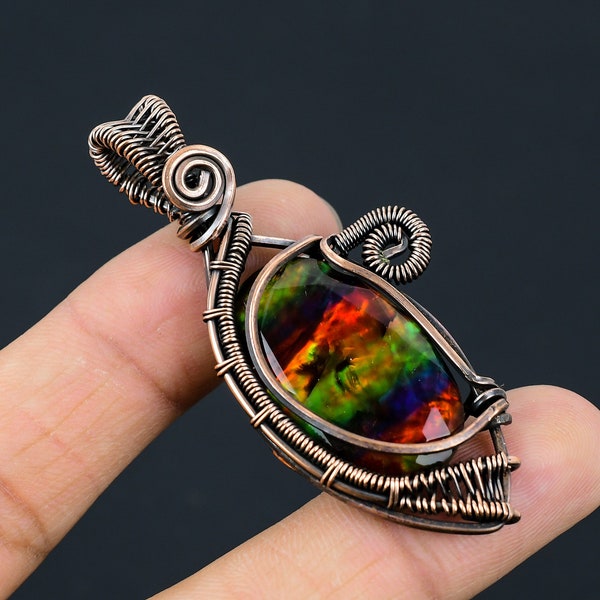 Ammolite Pendant Copper Wire Wrapped Pendant Ammolite Gemstone Pendant Jewelry Copper Jewelry Handmade Pendant Gift For Her Ammolite Jewelry