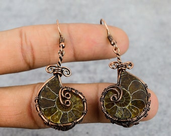 Ammonite Fossil Copper Earrings Copper Wire Wrapped Gemstone Earrings Copper Jewelry Designer Dangle Earrings For Girls Ammonite Jewelry