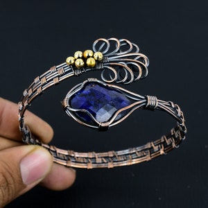 Blue Sapphire Bracelet, Pure Copper Wire Wrapped Cuff Adjustable Bracelet Handmade Jewelry Gifts For Her Christmas Ornaments New Year Gifts
