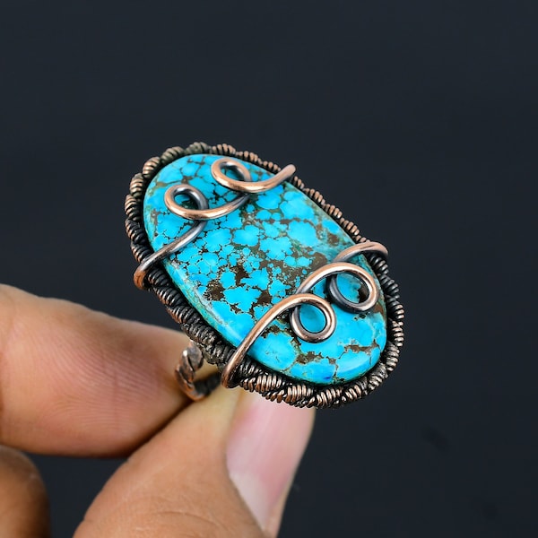 Tibetan Turquoise Ring Copper Wire Wrapped Ring Copper Ring Turquoise Gemstone Ring Handmade Jewelry Turquoise Ring All Size Available