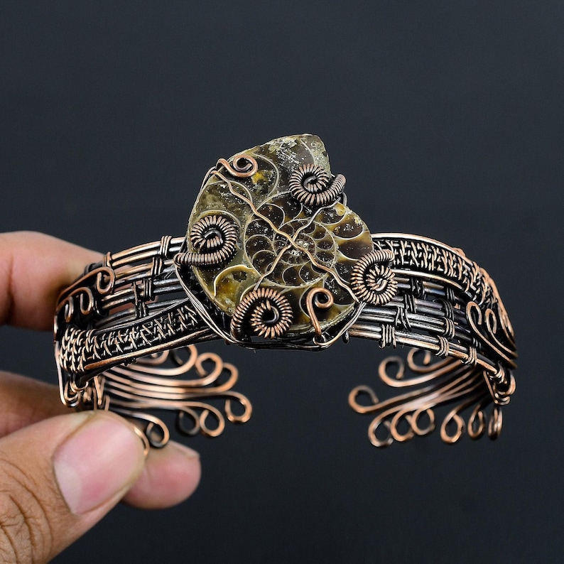 Ammonite Fossil Bracelet, Natural Ammonite Fossil Solid Copper Wire Wrapped Bangle, Handmade Jewelry Adjustable Bracelet For Christmas Gifts image 1
