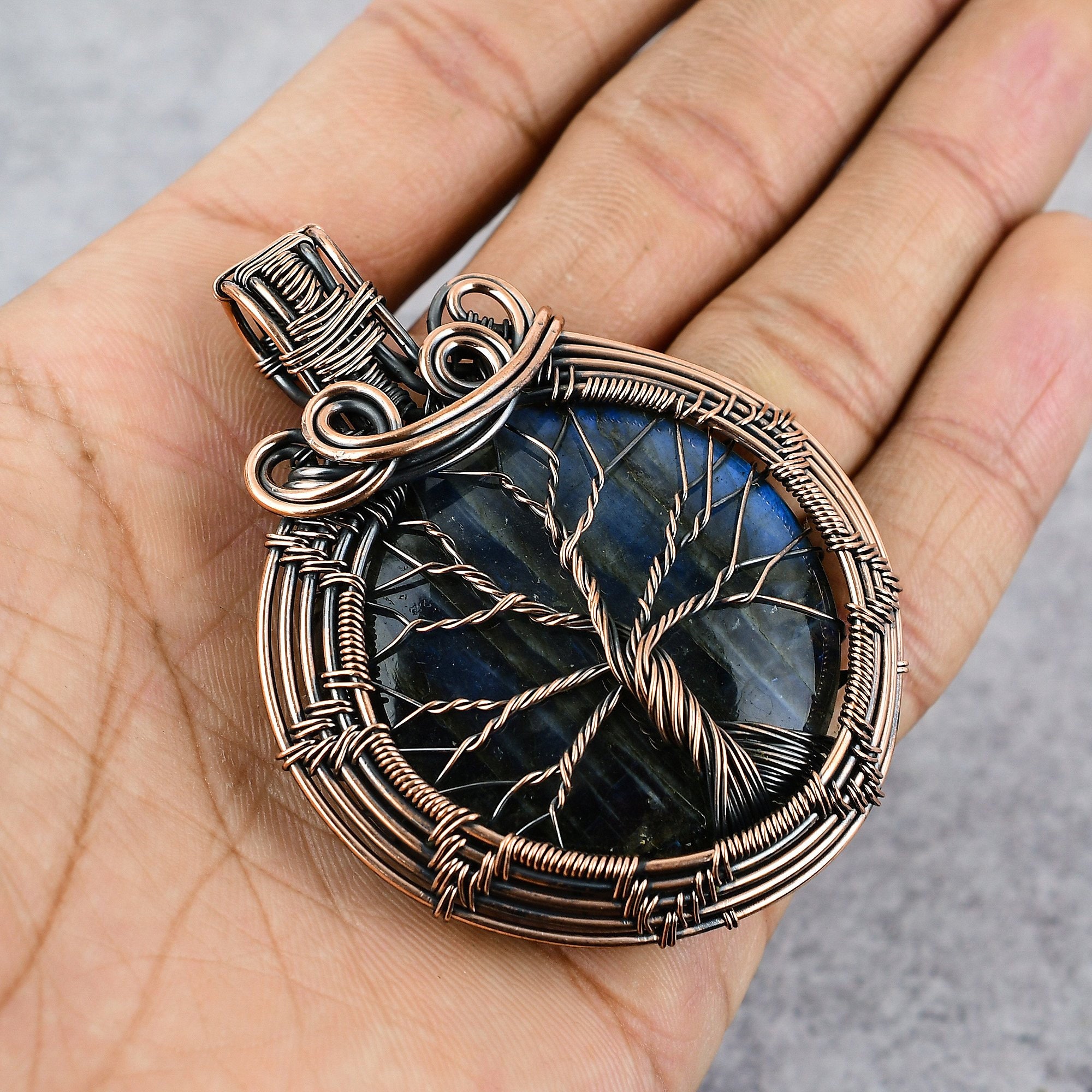 Ciondolo Albero Della Vita In Rame Con Labradorite Naturale – Fatto A Mano In India – Gioiello Etnico