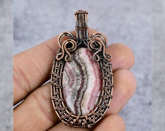 Pendentif en cuivre rhodochrosite, fil de cuivre enveloppé, pendentif de pierres précieuses, bijoux en cuivre, pendentif de créateur, collier cadeau pour la fête des mères