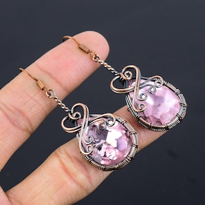 Pink Kunzite Earrings Copper Wire Wrapped Earrings Pink Kunzite Gemstone Earrings Copper Jewelry Handmade Dangle Earrings Wedding Gifts