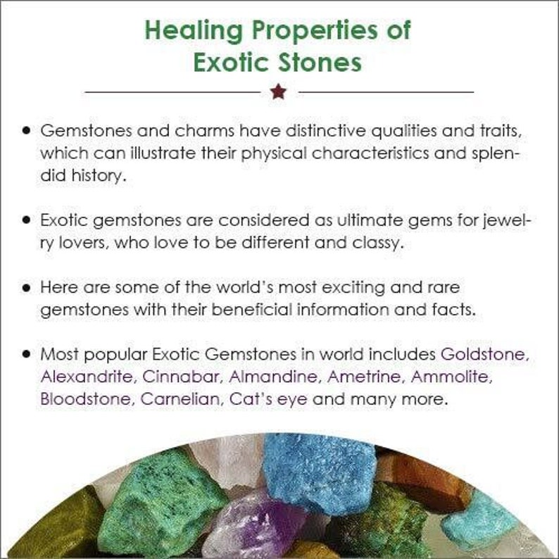 Puede incluir: Primer plano de una variedad de piedras preciosas de colores, incluyendo verde, azul, morado y dorado. El texto "Propiedades curativas de las piedras ex&oacute;ticas" est&aacute; en la parte superior de la imagen.