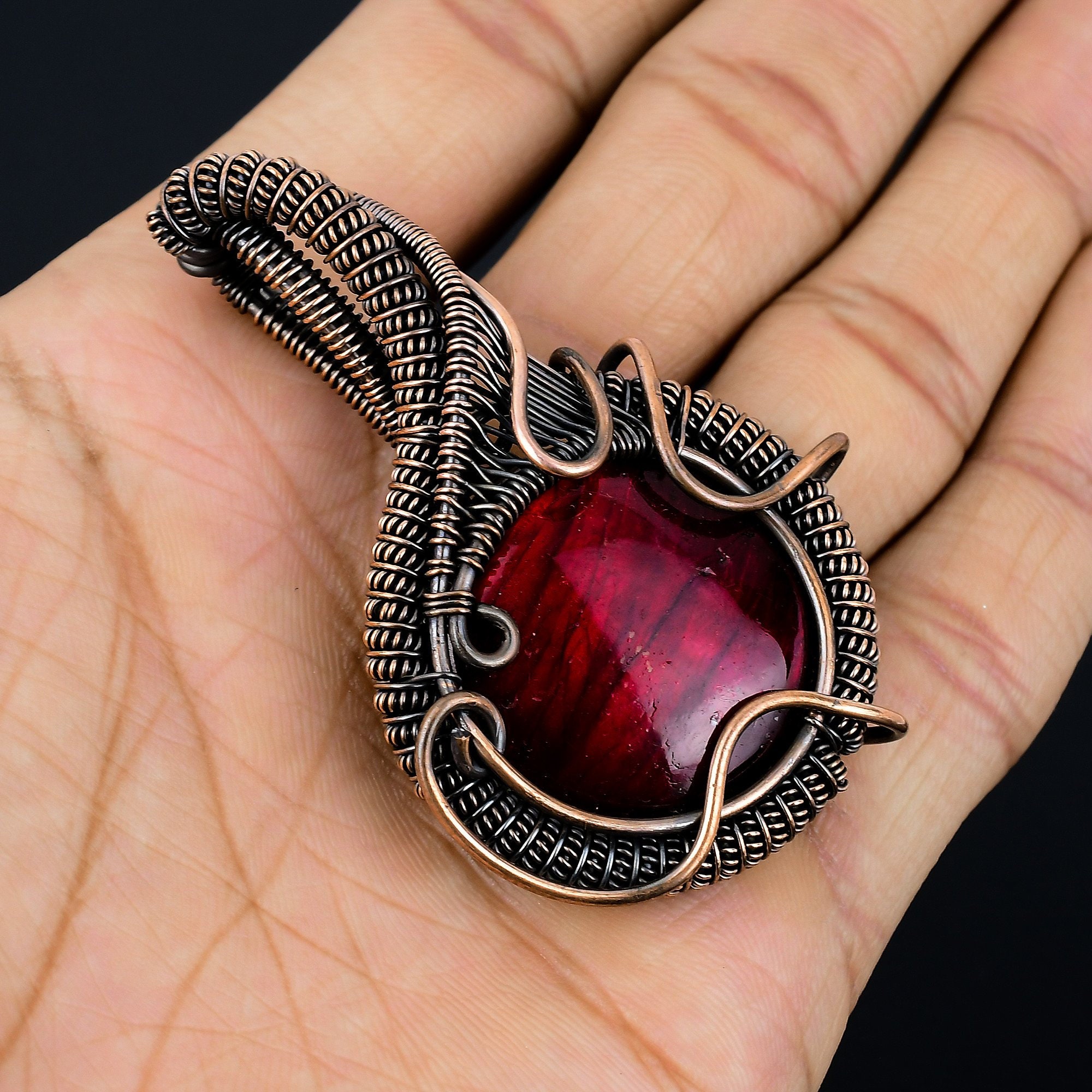 Ciondolo In Rame Rosso Fuoco Con Labradorite – Fatto A Mano, Avvolto In Filo, Regalo Per Mamma