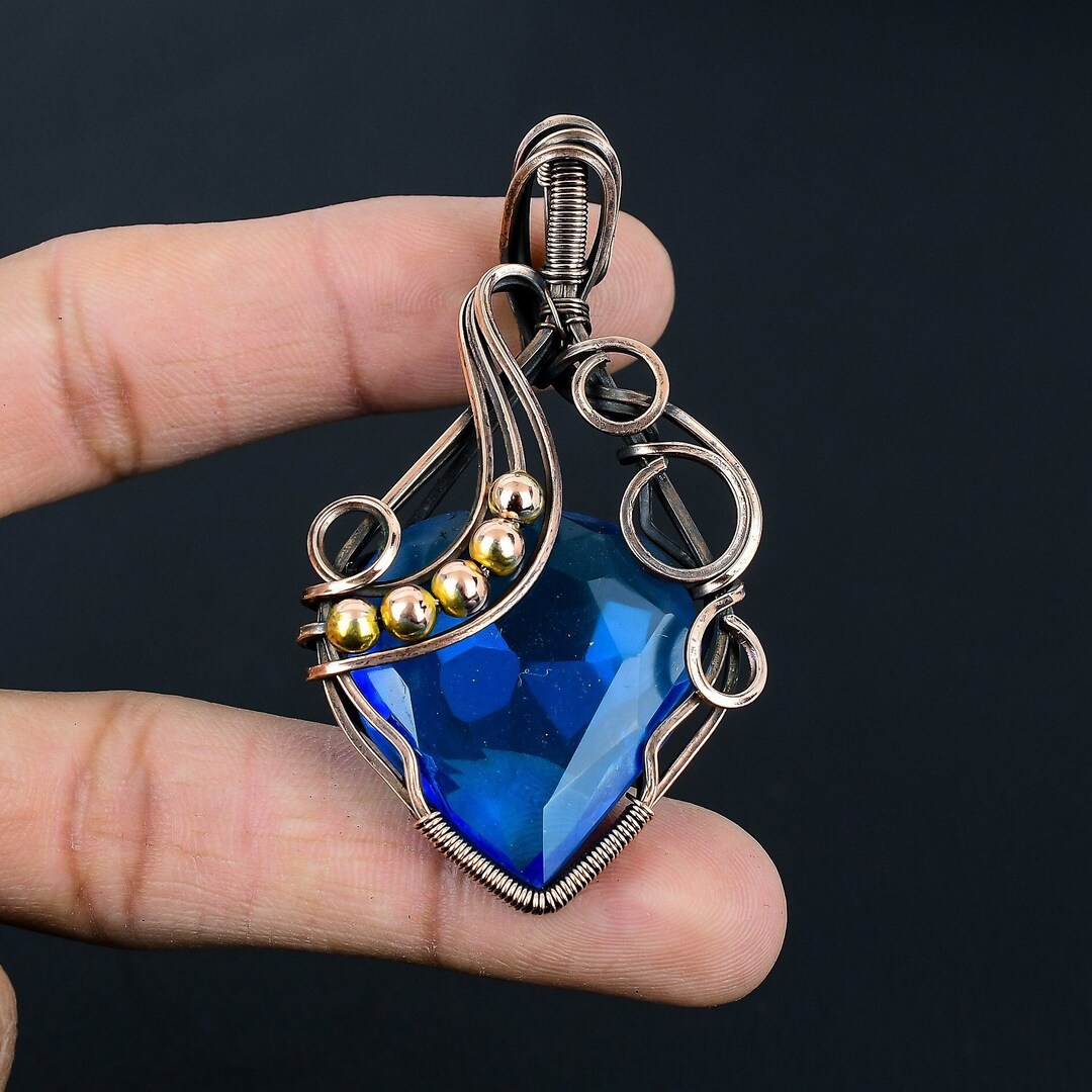 Copper Topaz London Blue Topaz Pendant Copper Wire Wrapped Pendant Topaz Gemstone ...