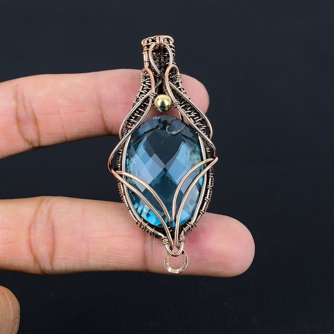 Copper Topaz Blue Topaz Pendant, Copper Wire Wrapped Pendant, Faceted Blue Topaz ...