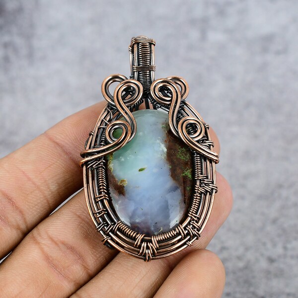 Handcrafted Copper Chrysoprase Wire Wrapped Pendant - Natural Green Gemstone With Labradorite