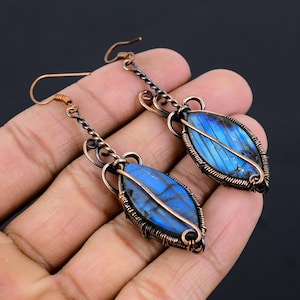 Labradorite Earrings Copper Gemstone Earrings Copper Wire Wrapped Earrings Copper Jewelry Dangle Earrings Gift For Her Labradorite Jewelry afbeelding 4
