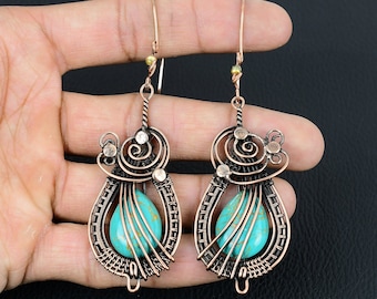 Turquoise Gemstone Copper Wire Wrapped Dangle Earrings – Handmade  Jewelry