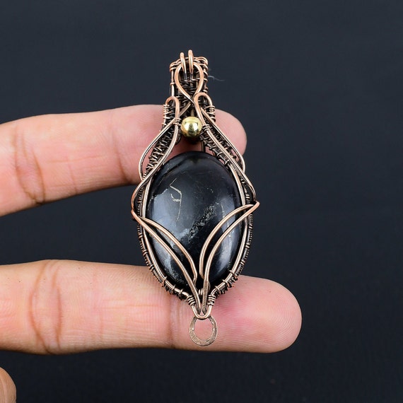 Elite Shungite Natural Gemstone Pendant, Copper Wire Wrapped Pendant Shungite Gemstone Handmade Chain Necklace Real Shungite Crystal Jewelry