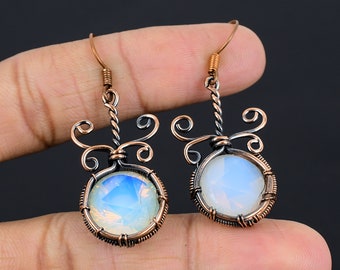 Milky Opal Earrings Copper Wire Wrapped Earrings Milky Opal Gemstone Earrings Copper Jewelry Dangle Earrings for Love Milky Opal Jewelry