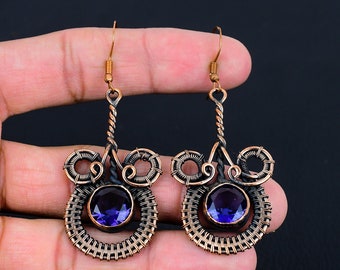 Amethyst Earrings Copper Wire Wrapped Earring Amethyst Gemstone Earrings Copper Jewelry Dangle Earrings Handmade Jewelry Gift for Mom & Wife