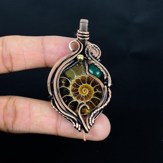 Ammonite Fossil Green Onyx Jewelry, Copper Wire Wrapped Pendant  display picture 1