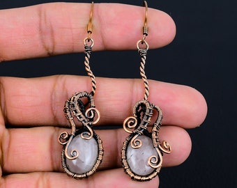 Rose Quartz Earrings Copper Wire Wrapped Earrings Rose Quartz Gemstone Earrings Handmade Copper Jewelry Dangle Earrings Rose Quartz Jewelry