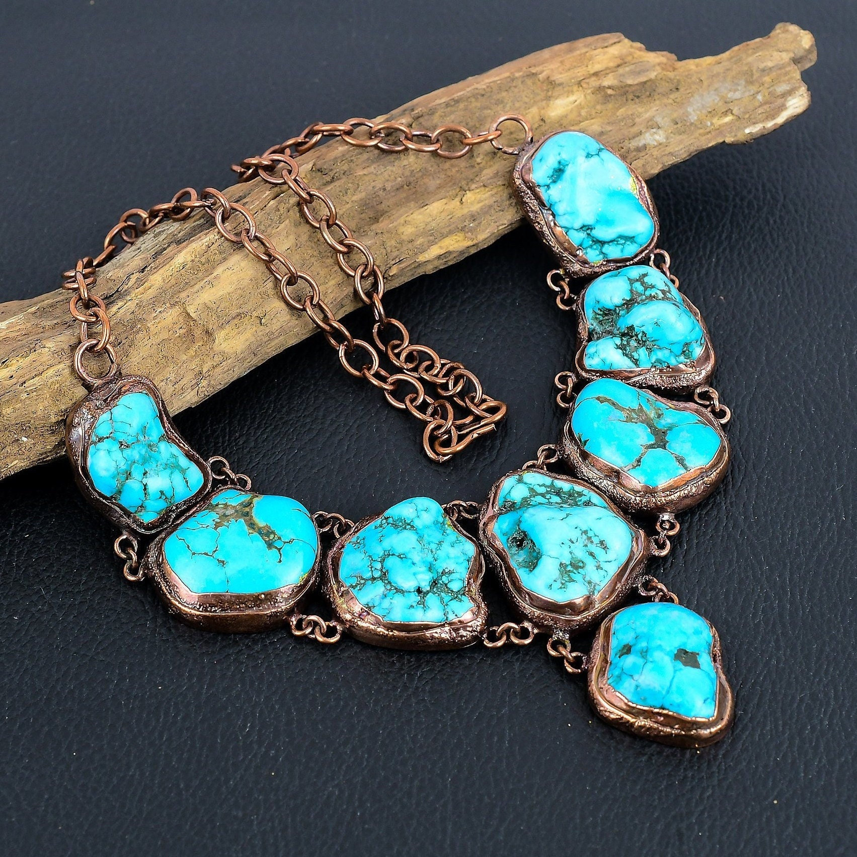 Turquoise Necklace, Turquoise Gemstone Handmade Jewelry Necklace Copper Electroformed Adjustable Chain Necklace Anniversary & Birthday Gift