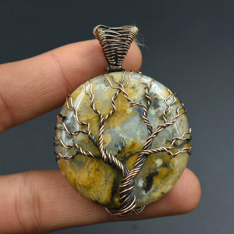 Colgante de dendrita de tigre, colgante de árbol de la vida doble con gema de dendrita de tigre, colgante envuelto en alambre de cobre, las mejores ideas para regalar joyas hechas a mano. imagen 1