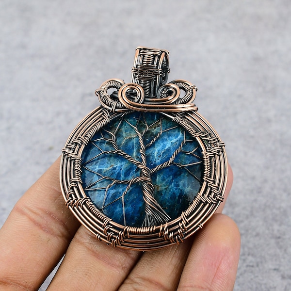 Tree Of Life Neon Blue Apatite Gemstone Pendant Copper Wire Wrapped Pendant Copper Jewelry Designer Pendant Gift For Her Mothers Day Gift