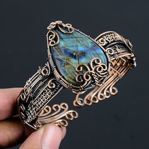 Pulseira de cobre labradorita Pulseira de labradorita Pulseira de cobre com fio enrolado Joia feita à mão Presente para ela