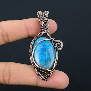 Neon Blue Apatite Pendant Copper Wire Wrapped Pendant Apatite Gemstone Pendant Handmade Pendant Jewelry Apatite Jewelry Gifts For Her & Him