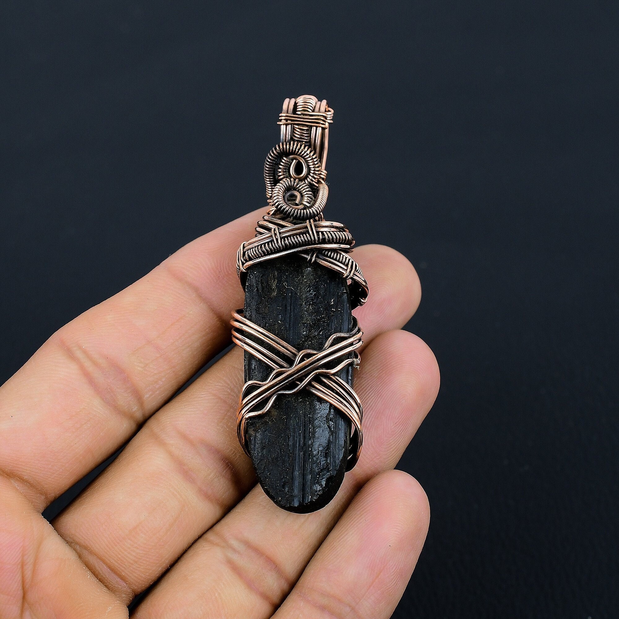 Black Tourmaline Rough Gemstone Pendant Copper Wire Wrapped