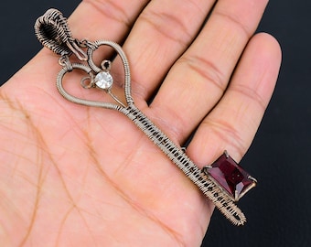Faceted Garnet Key Shape Pendant Copper Wire Wrapped Gemstone Pendant Cubic Zircon Pendant Handmade Jewelry Gift For Her Key Pendant Jewelry