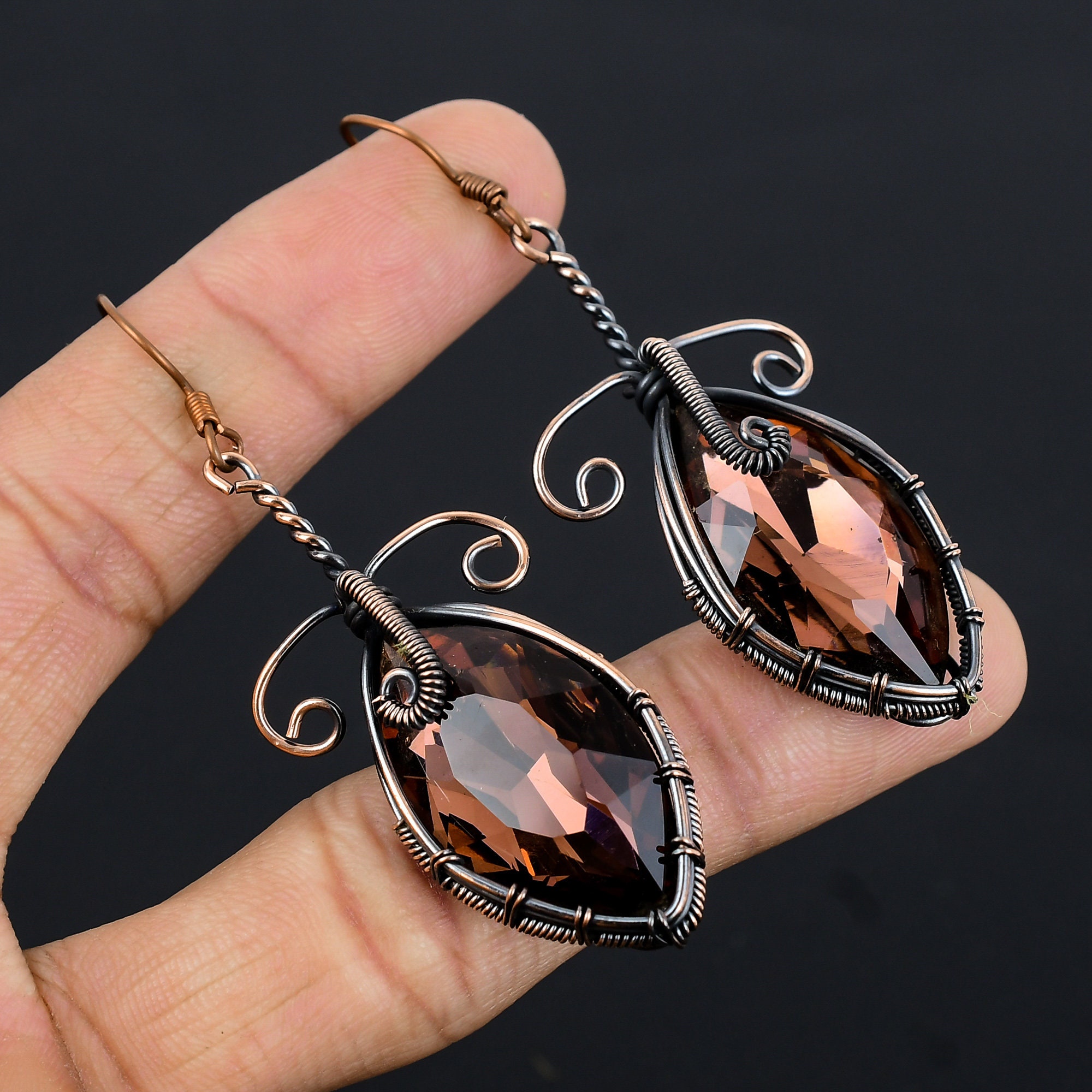 Smoky Mystic Topaz Earrings Copper Wire Wrapped Earrings Smoky Topaz Gemstone Earrings Copper Jewelry Dangle Earrings for Love Topaz Jewelry
