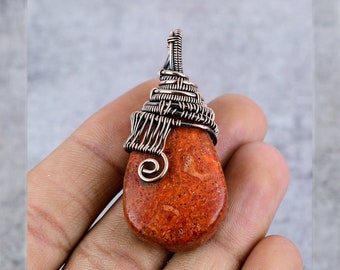 Natural Red Coral Copper Pendant Copper Wire Wrapped Gemstone Pendant Copper Jewelry Designer Pendant Gift For Her Mothers Day Gift For Love