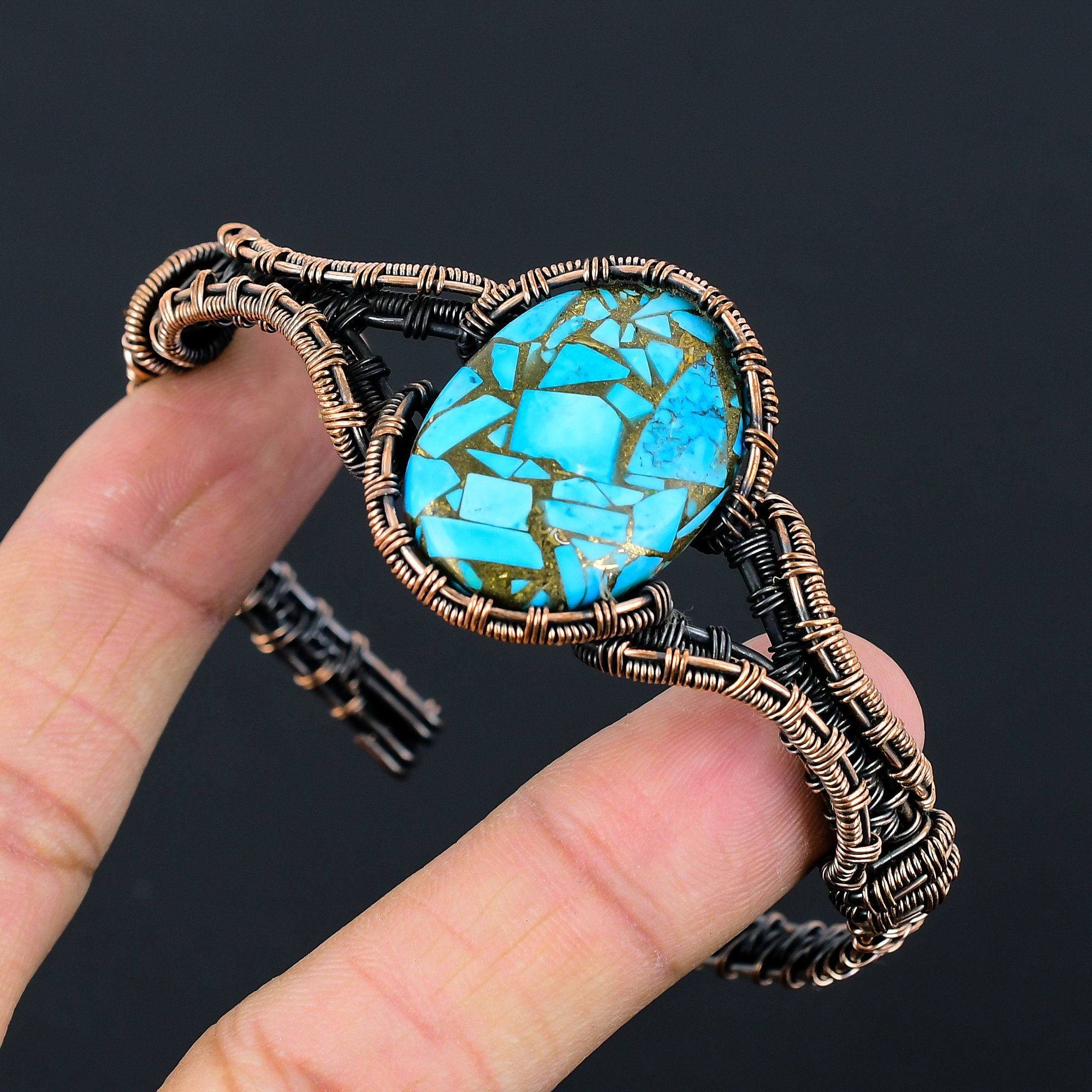Handcrafted Natural Blue Turquoise Copper Bracelet Adjustable Toggle Closure