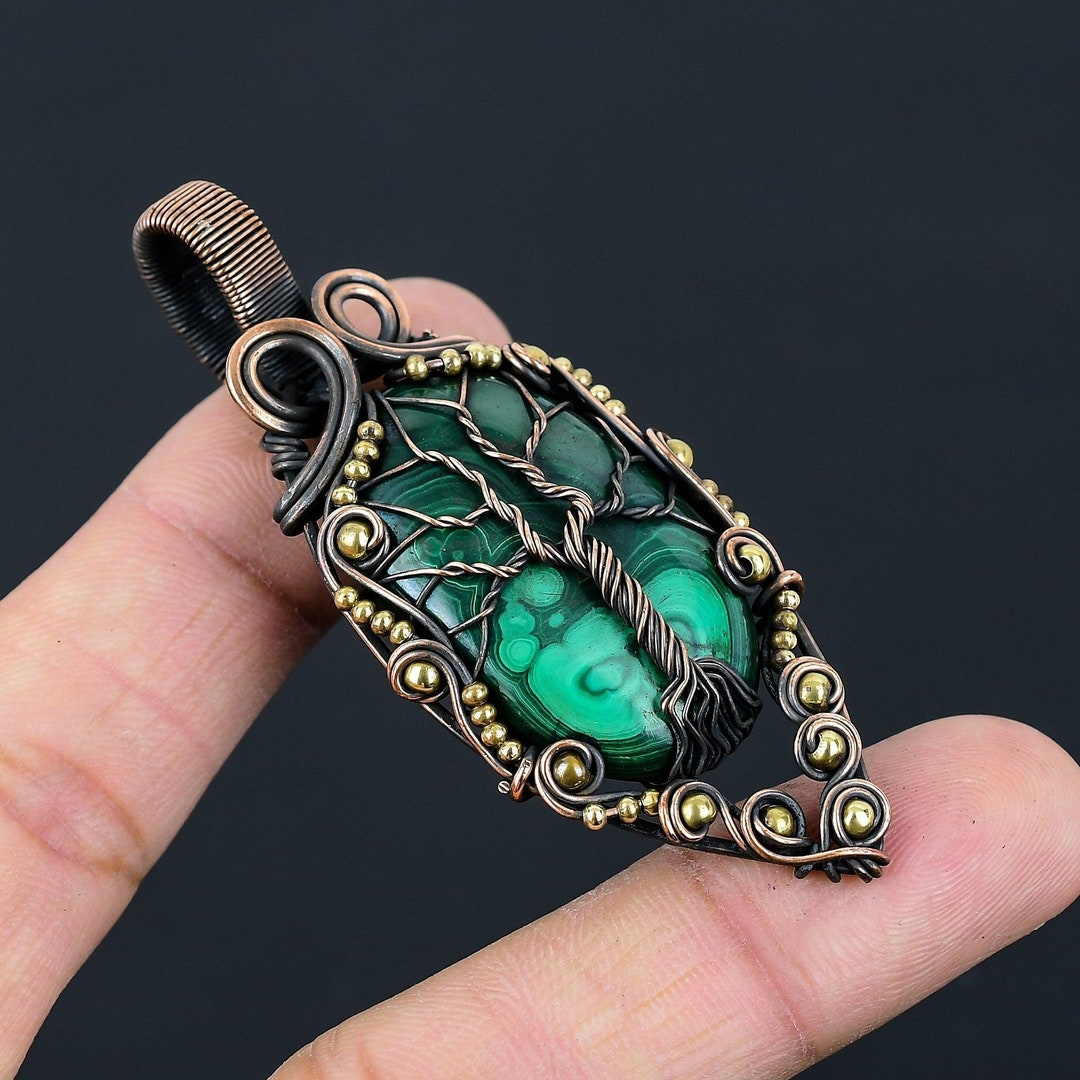 Tree of Life Malachite Gemstone Pendant Copper Wire Wrapped Pendant ...