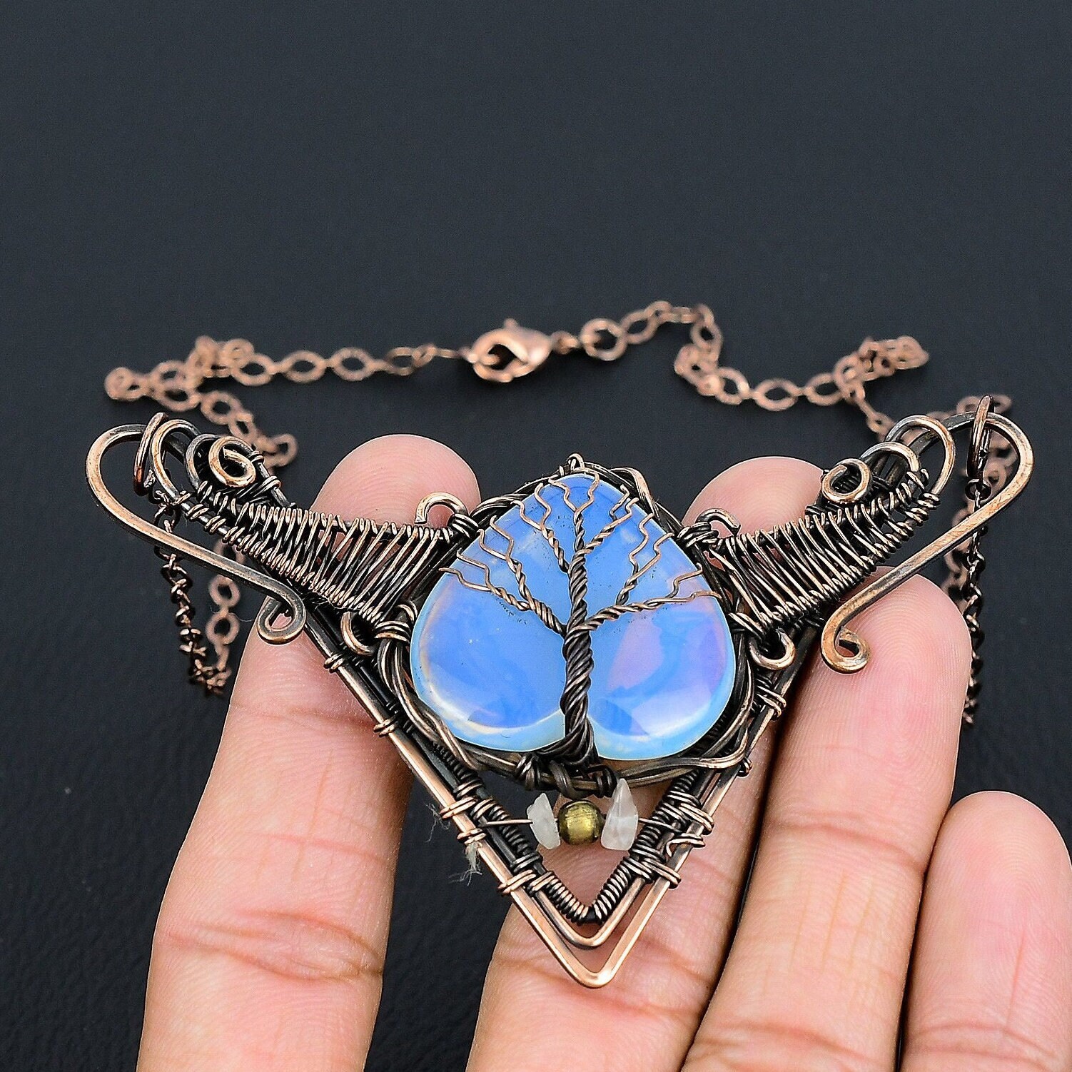 POTESSA Tree Of Life Amethyst Opal Pendant Necklace - Copper Wire Wrapped Healing Chakra Stone Necklace